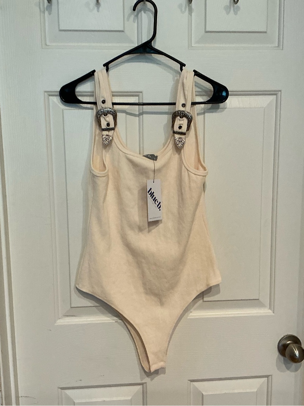 Buckle Strap Cream Bodysuit with Decorative Buckles